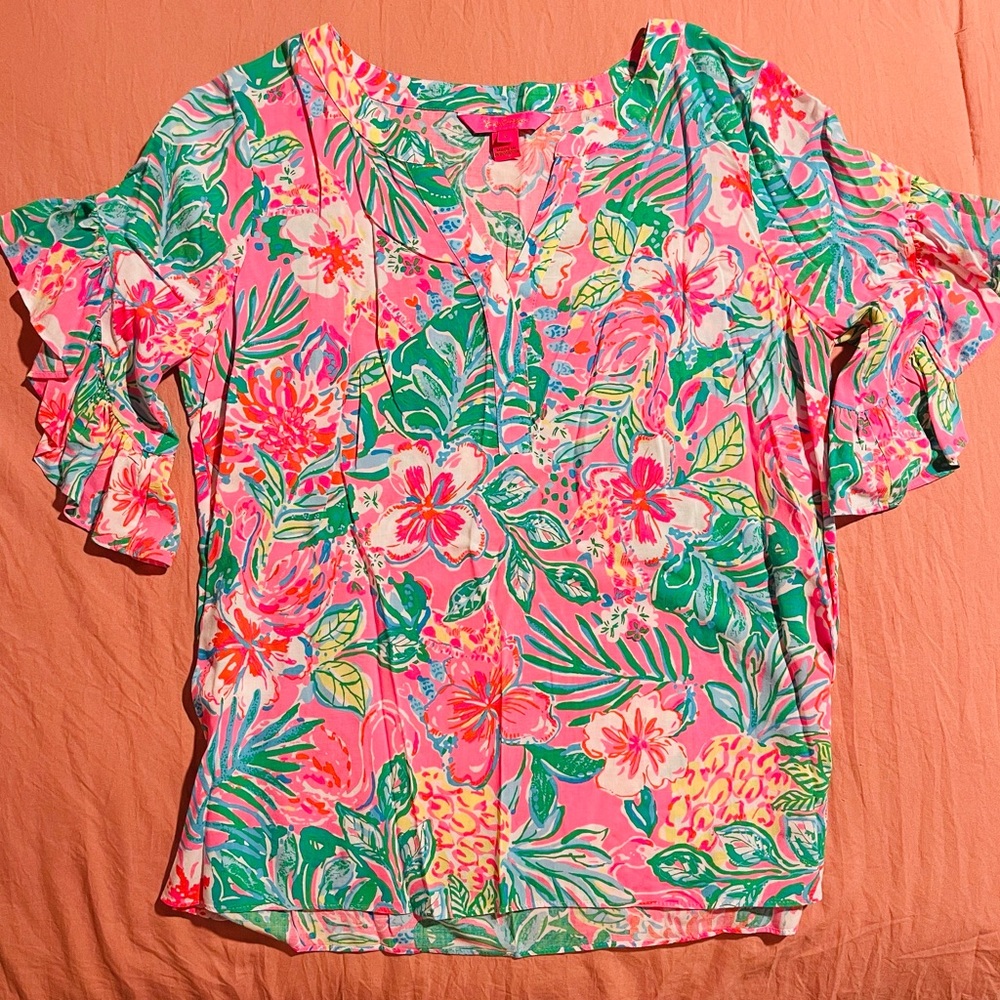 Lily Pulitzer Floral Pink and Green Women's Top with ruffled edged short sleeves